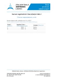 Seznam registračních čísel přijatých žáků